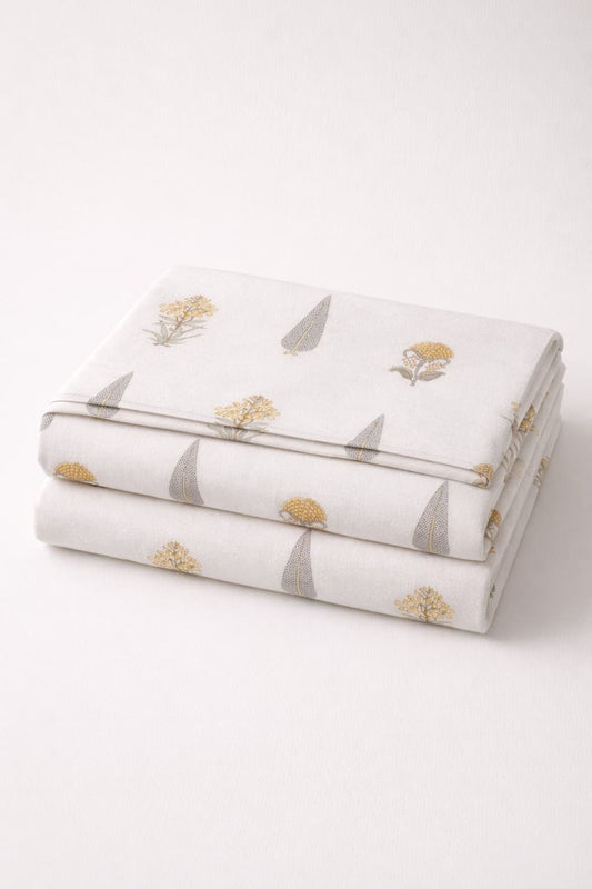 Yellow and Grey block print bedsheet - Emenaura
