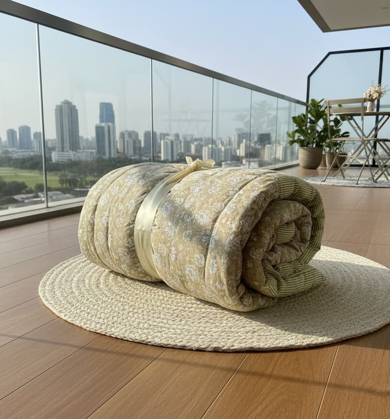 Mustard and White Floral Cotton Quilt - Emenaura