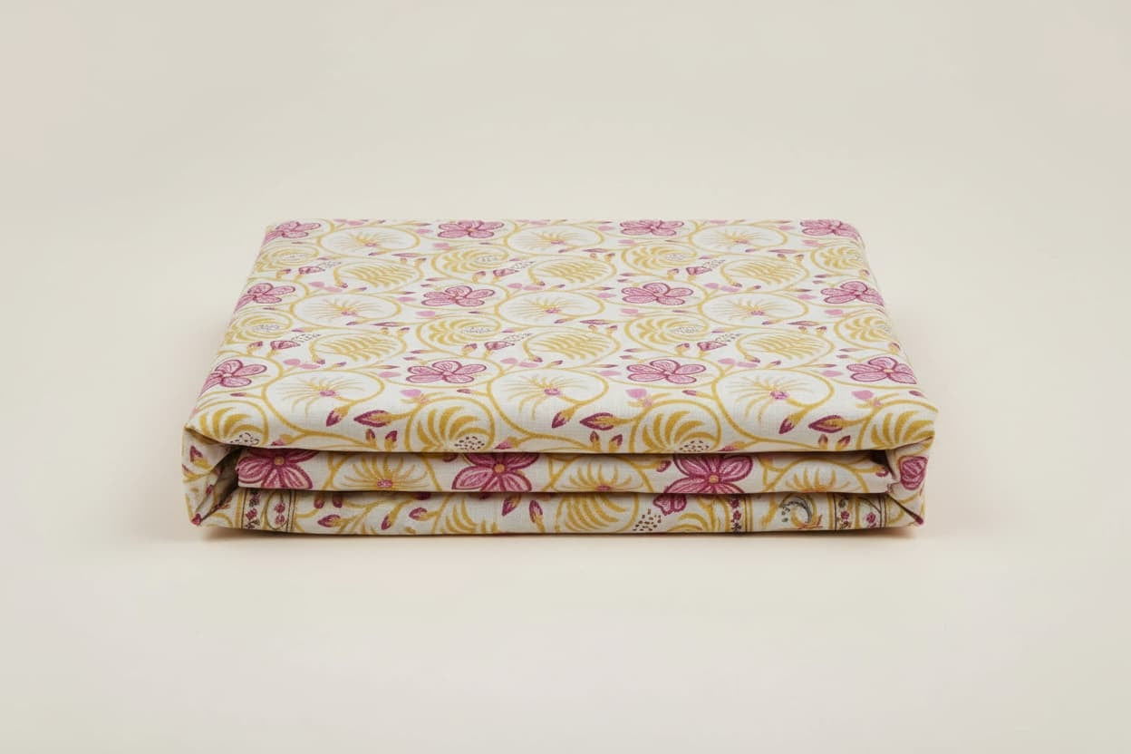Yellow–Pink Floral Percale Cotton Bedsheet - Emenaura