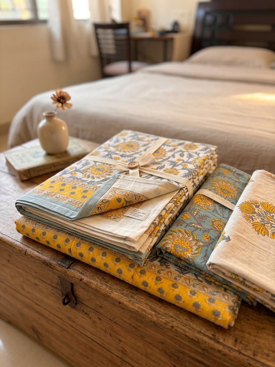 Emenaura Sunlit Heritage floral cotton bedsheet folded, showcasing vibrant floral pattern and soft cotton fabric.