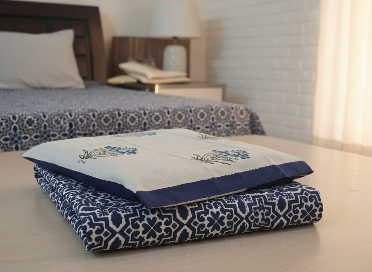 Indigo Lattice Hand Block Cotton Bedsheet - Emenaura