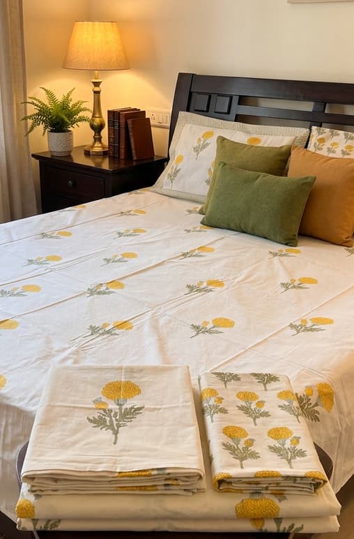 Folded Sunny Bloom cotton bedsheet by Emenaura showing a soft, vibrant floral pattern and smooth fabric texture.