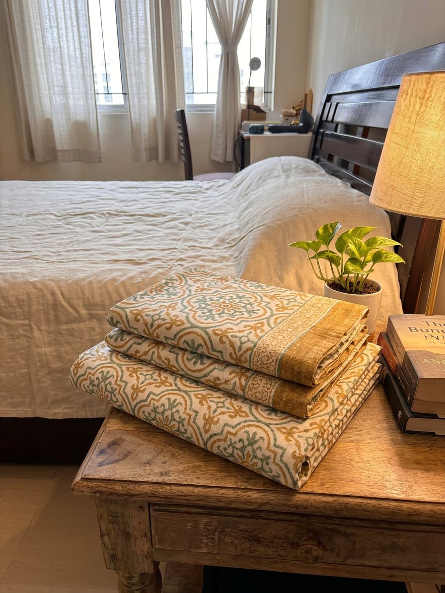 Emenaura Heritage Motif cotton bedsheet folded, featuring traditional patterns and soft fabric for comfortable sleep.