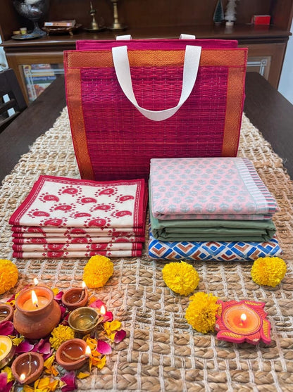Emenaura — The Golden Edit (One Suvin Cotton Fitted Bedsheet Set+ One Dohar + One Sateen Bedsheet Set + Cotton Placemats + A Cute Gift)