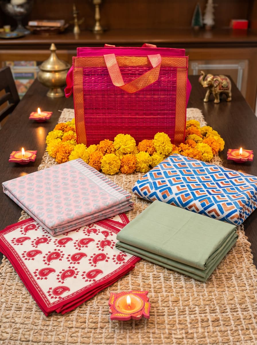Emenaura — The Golden Edit (One Suvin Cotton Fitted Bedsheet Set+ One Dohar + One Sateen Bedsheet Set + Cotton Placemats + A Cute Gift)