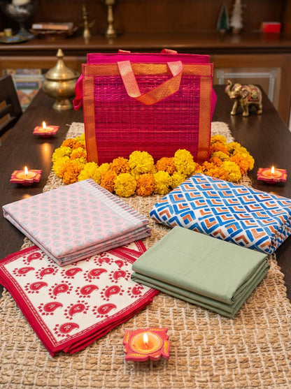 Emenaura — The Golden Edit (One Suvin Cotton Fitted Bedsheet Set+ One Dohar + One Sateen Bedsheet Set + Cotton Placemats + A Cute Gift)