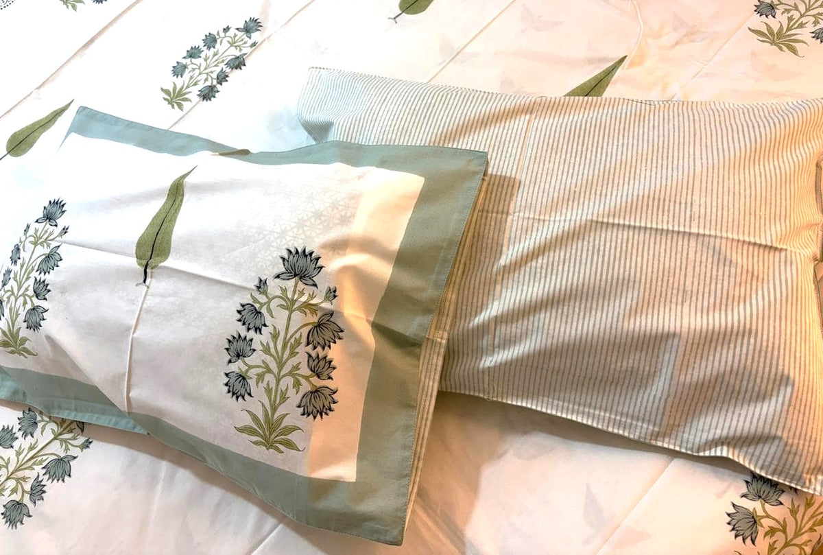 Sage Green & White Floral Printed Percale Cotton Bedsheet