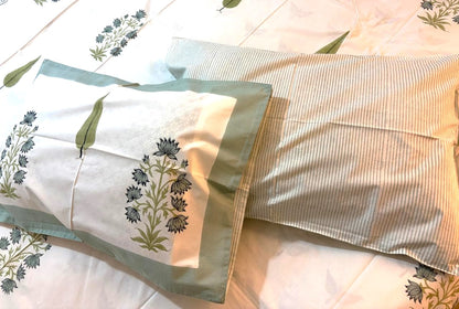 Sage Green & White Floral Printed Percale Cotton Bedsheet