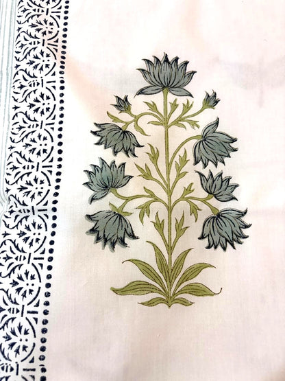 Sage Green & White Floral Printed Percale Cotton Bedsheet