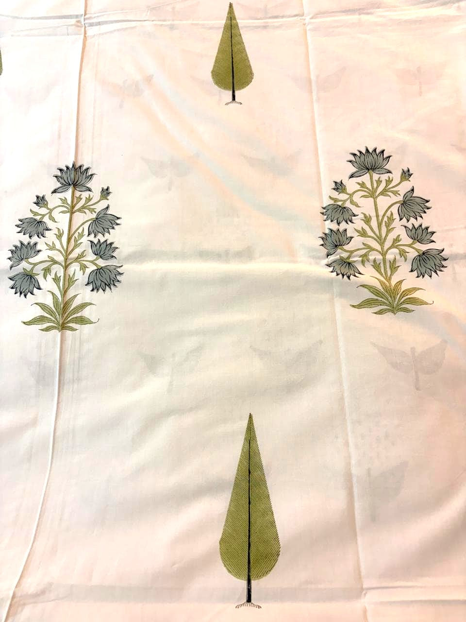 Sage Green & White Floral Printed Percale Cotton Bedsheet
