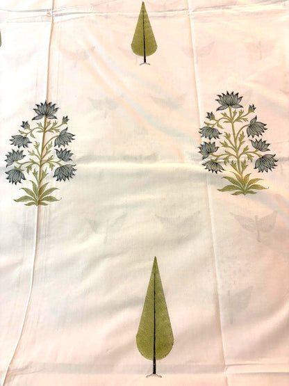 Sage Green & White Floral Printed Percale Cotton Bedsheet