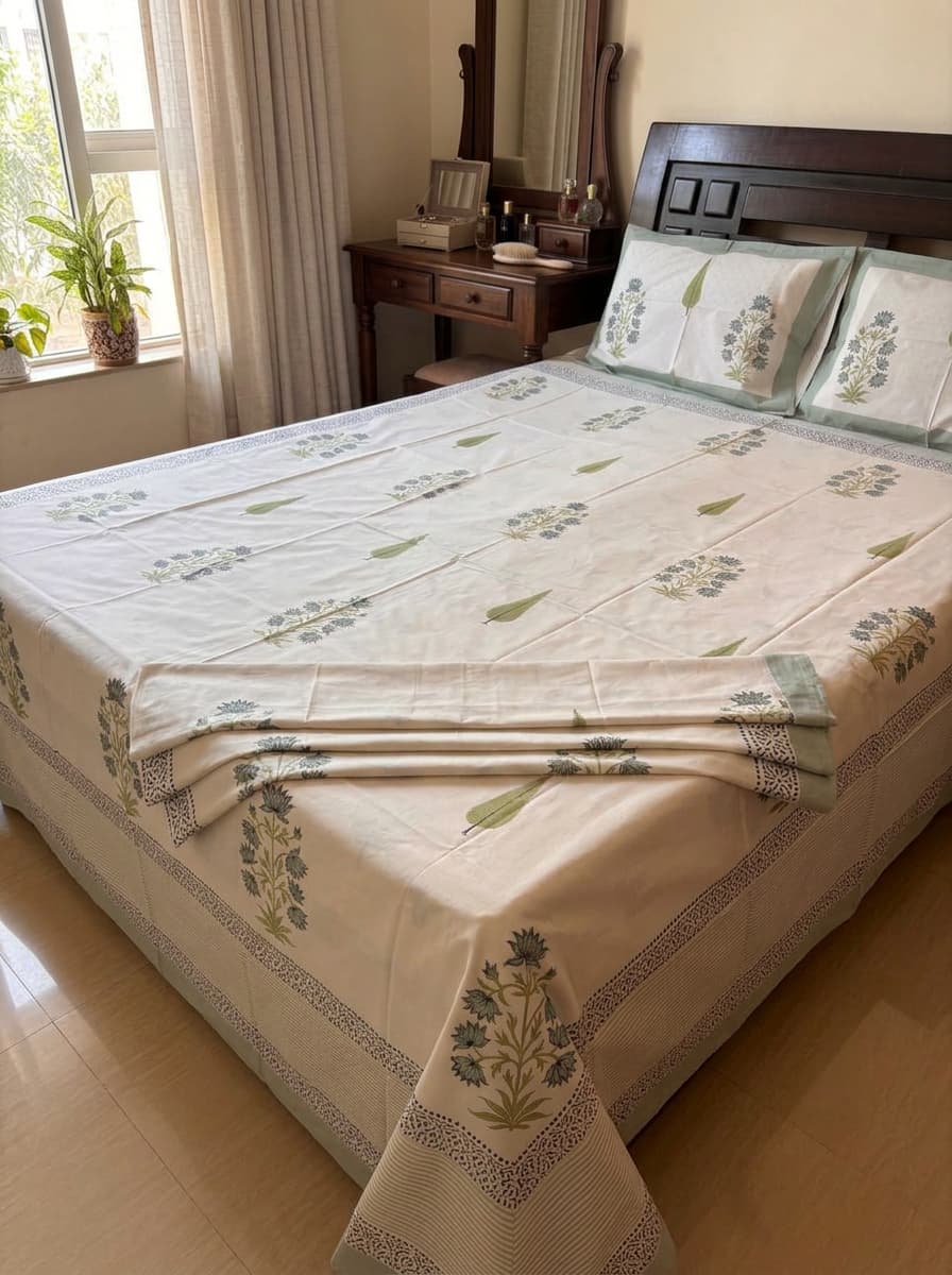 Sage Green & White Floral Printed Percale Cotton Bedsheet