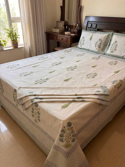 Sage Green & White Floral Printed Percale Cotton Bedsheet