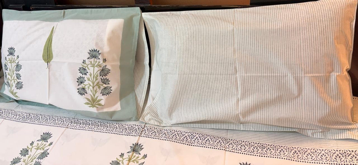 Sage Green & White Floral Printed Percale Cotton Bedsheet