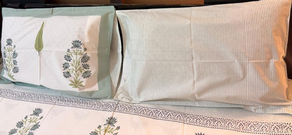 Sage Green & White Floral Printed Percale Cotton Bedsheet
