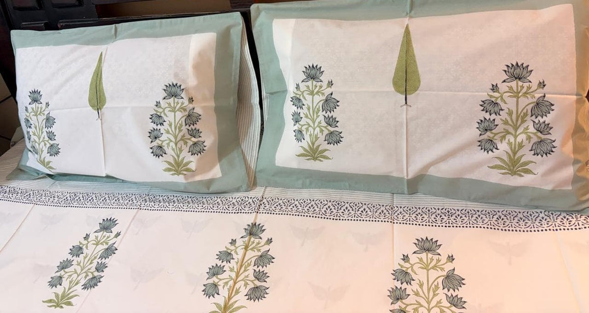 Sage Green & White Floral Printed Percale Cotton Bedsheet