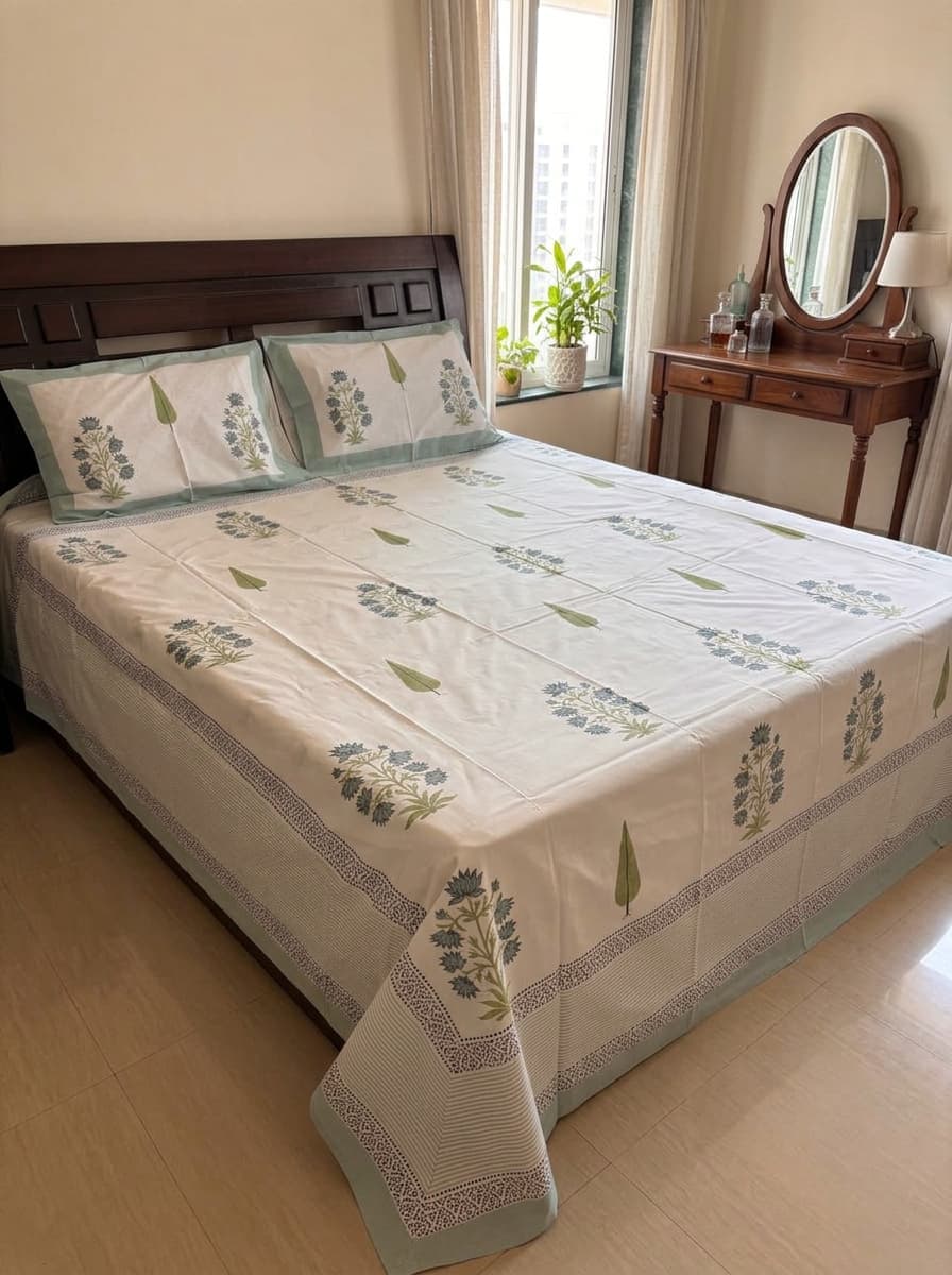Sage Green & White Floral Printed Percale Cotton Bedsheet