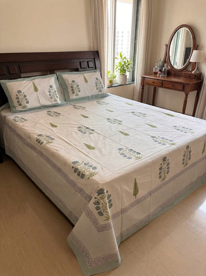 Sage Green & White Floral Printed Percale Cotton Bedsheet
