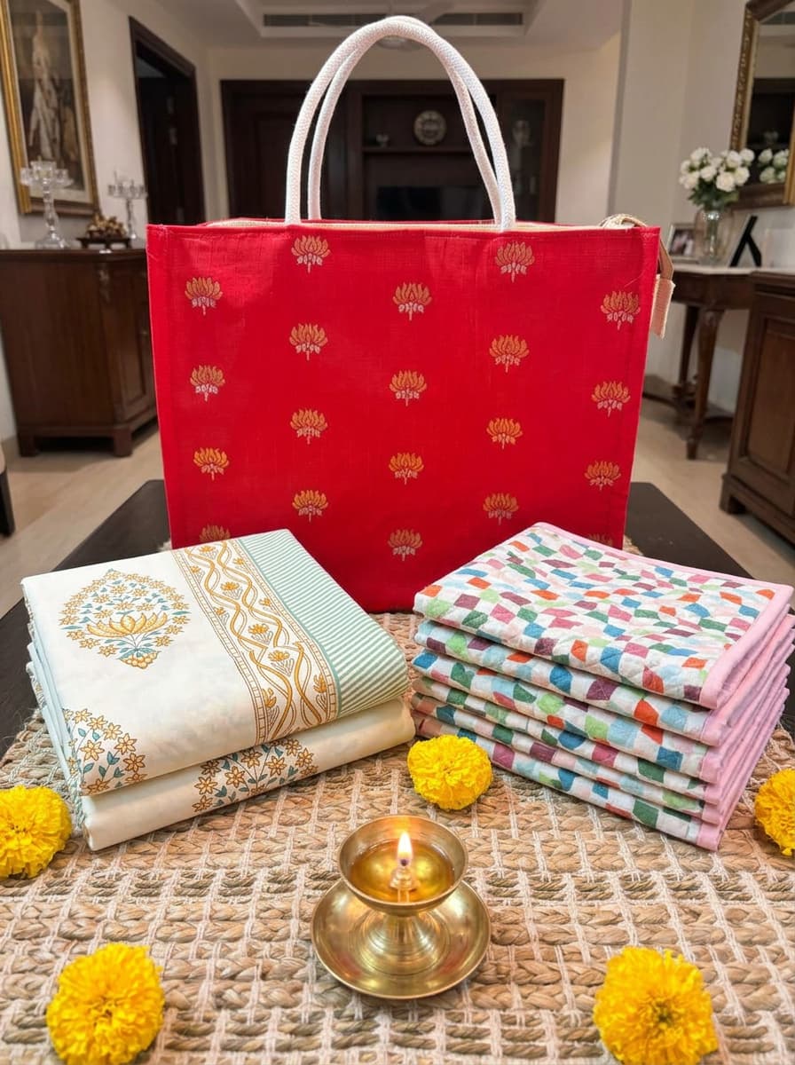 Emenaura green-beige percale bed sheet set with pastel placemats, elegant home decor for a festive look.