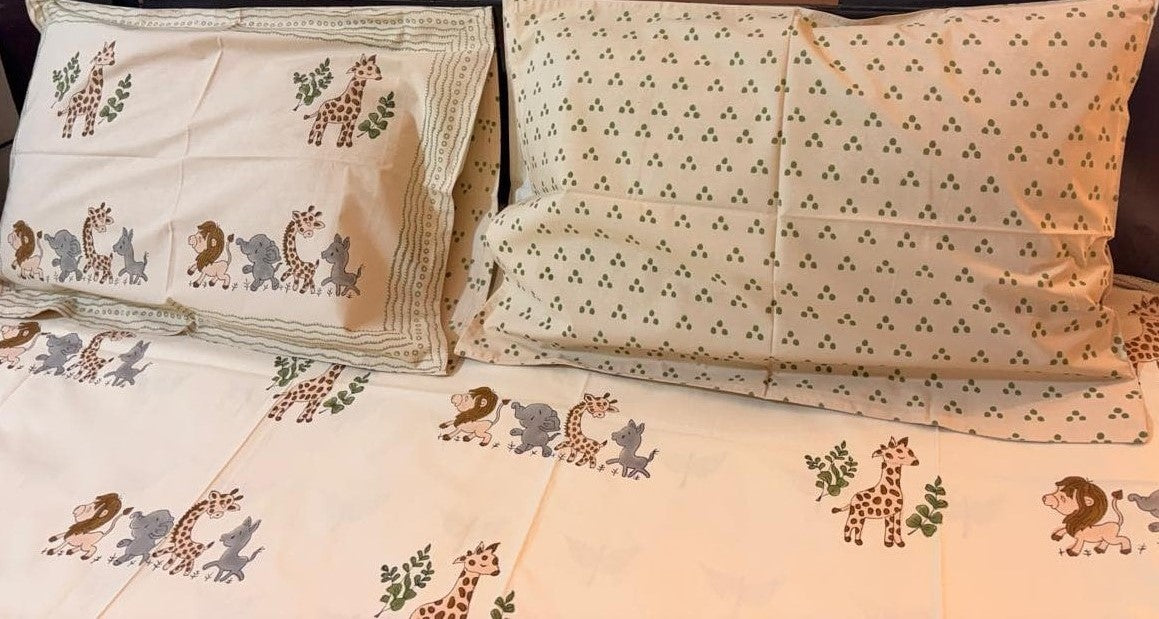 Beige Floral & Animal Print Percale Cotton Bedsheet