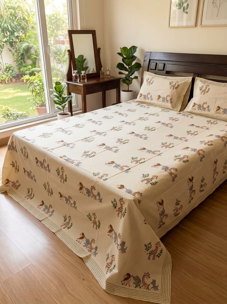 Beige Floral & Animal Print Percale Cotton Bedsheet