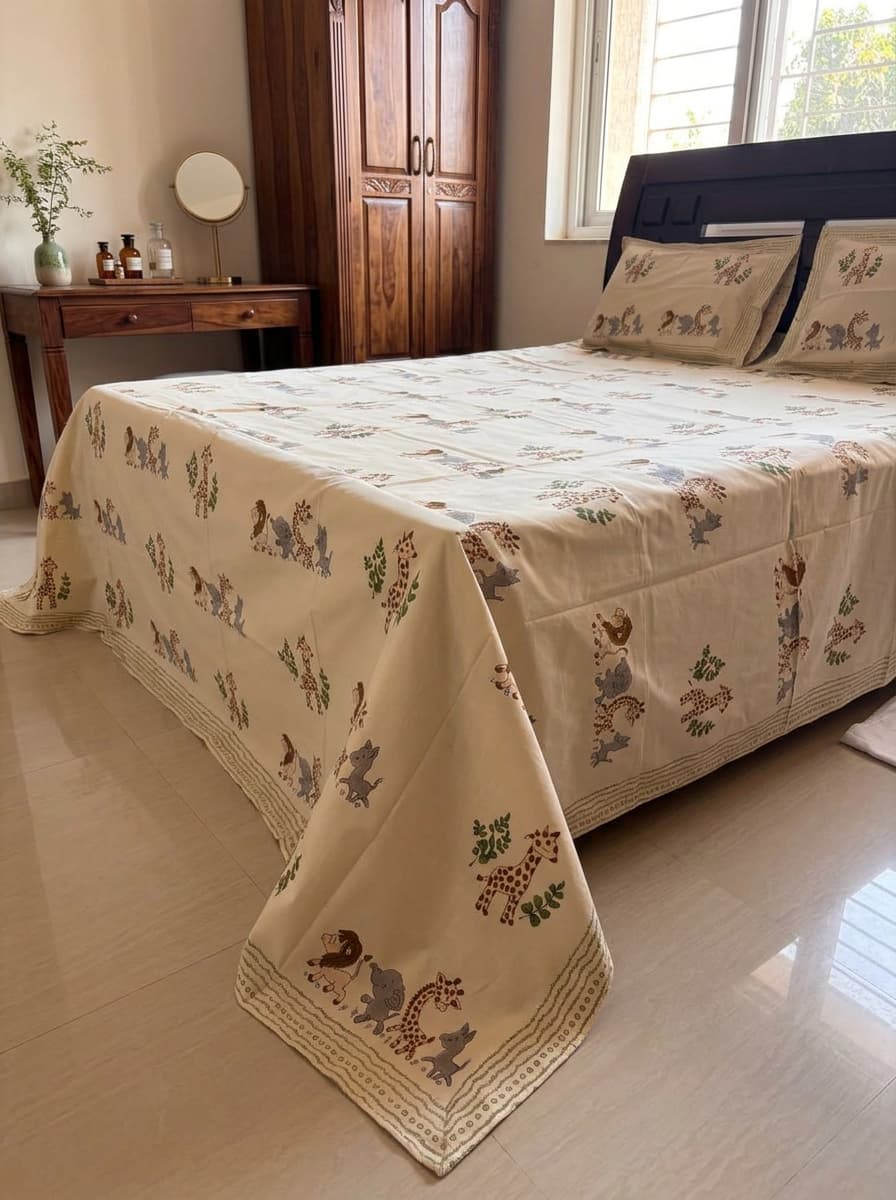 Beige Floral & Animal Print Percale Cotton Bedsheet