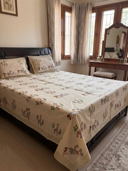 Beige Floral & Animal Print Percale Cotton Bedsheet