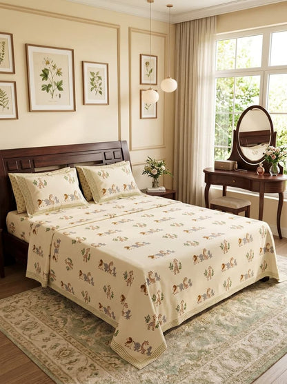Beige Floral & Animal Print Percale Cotton Bedsheet