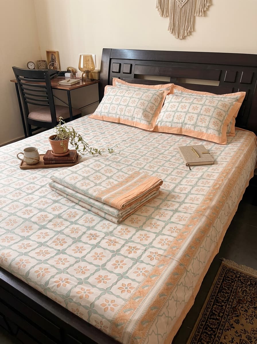 Perclae Cotton Printed Bedsheet – Peach & Sage Green