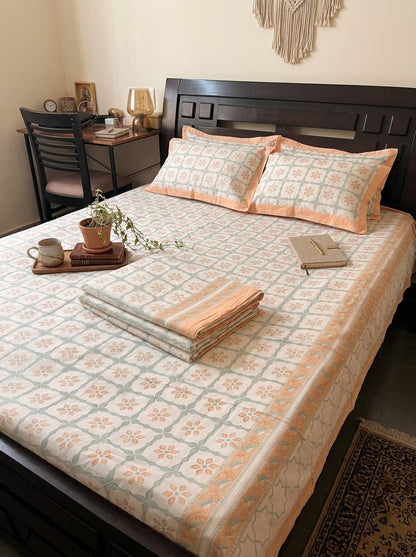 Perclae Cotton Printed Bedsheet – Peach & Sage Green