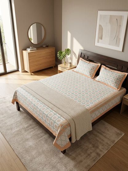 Perclae Cotton Printed Bedsheet – Peach & Sage Green