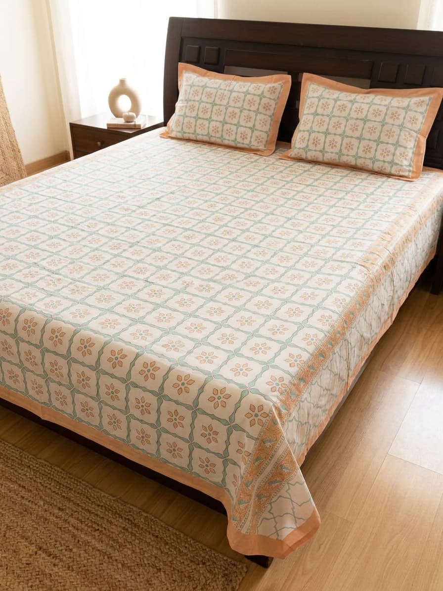 Perclae Cotton Printed Bedsheet – Peach & Sage Green
