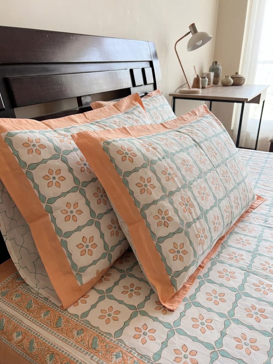 Perclae Cotton Printed Bedsheet – Peach & Sage Green