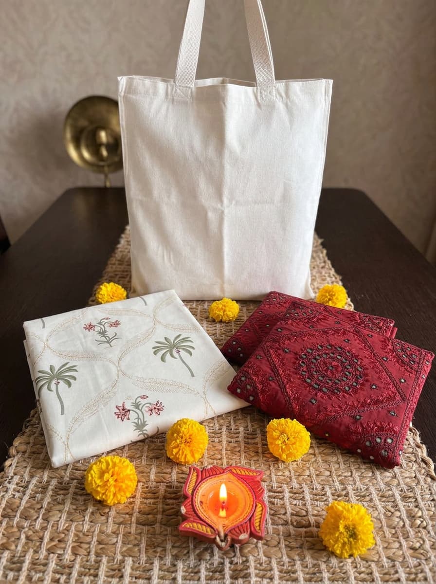 Emenaura festive hand-block printed bedsheet set with two embroidered cushion covers featuring palm leaf design.