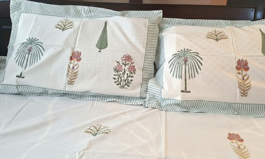 Botanical Grove Hand Block Cotton Bedsheet - Emenaura