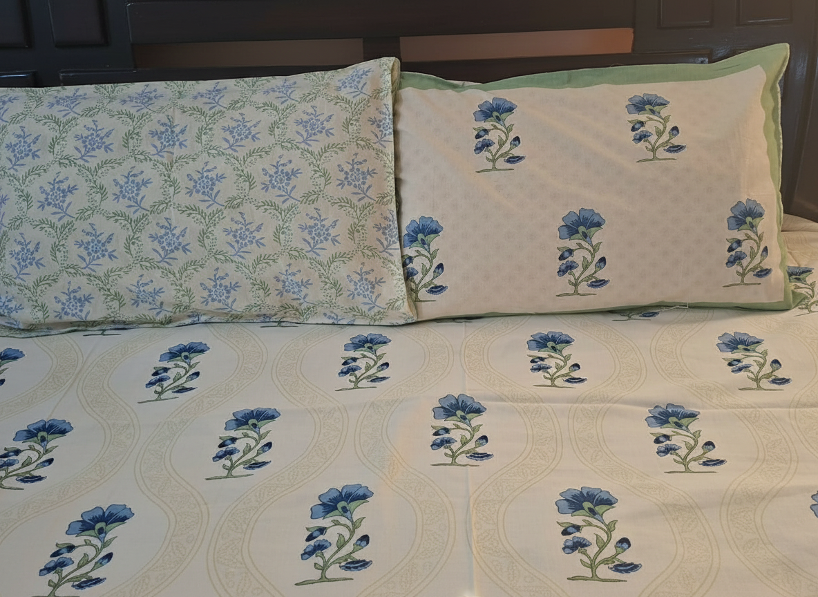Blue Bloom Hand-Printed Cotton Bedsheet Set with Pillow Covers - Emenaura