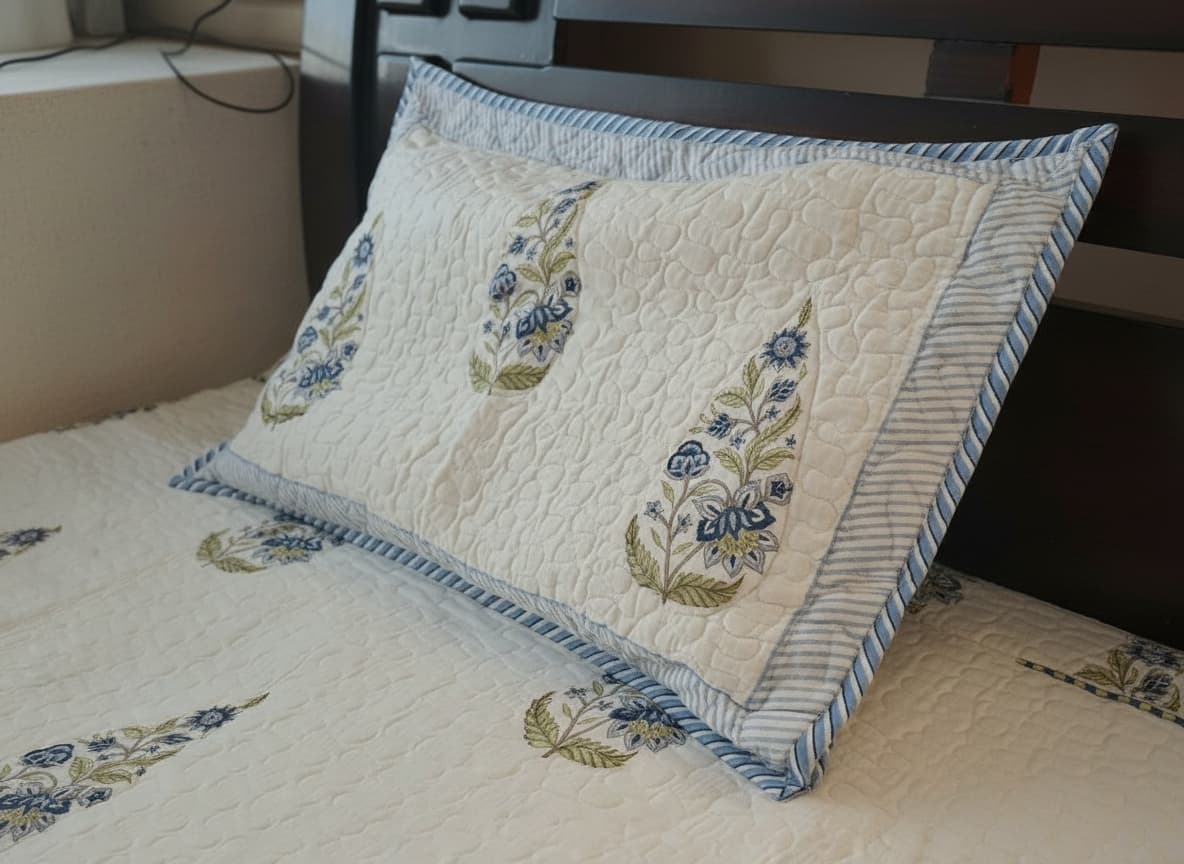 Powder Blue & White Hand Block Print Bed Cover - Emenaura
