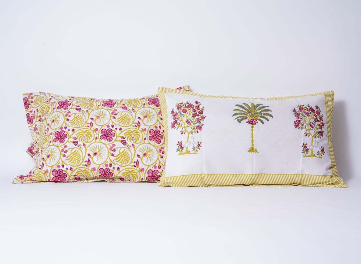 Yellow and Pink Floral Percale Cotton Bedsheet - Emenaura