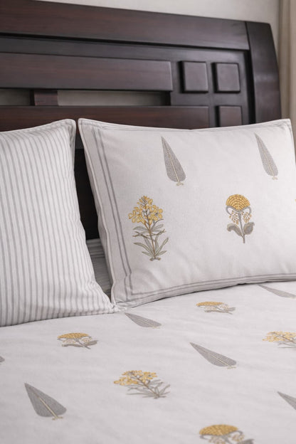 Yellow and Grey block print bedsheet - Emenaura