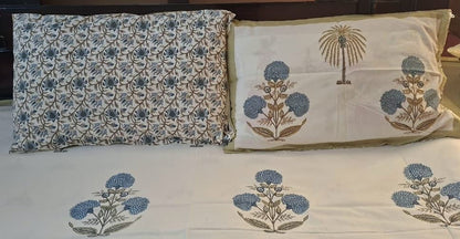 Coastal Bloom Hand Block Cotton Bedsheet - Emenaura