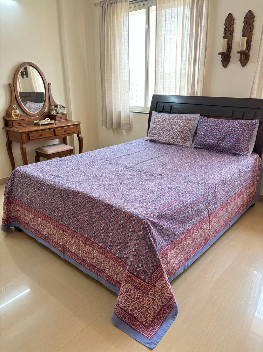 Indigo & Rust Ajrakh Print Percale Cotton Bedsheet