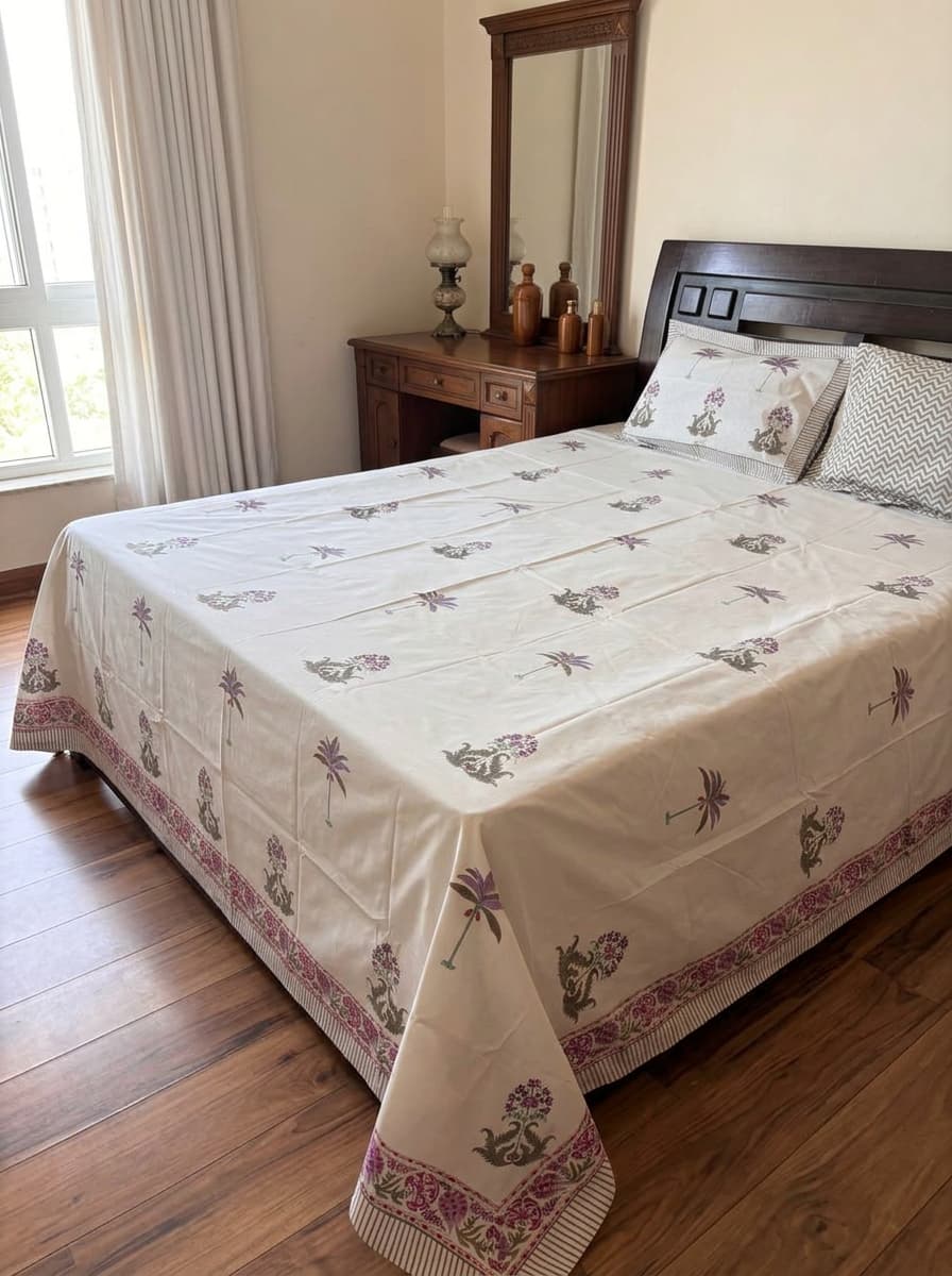 White Floral & Botanical Printed Percale Cotton Bedsheet