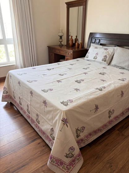 White Floral & Botanical Printed Percale Cotton Bedsheet