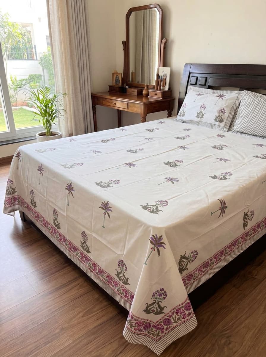White Floral & Botanical Printed Percale Cotton Bedsheet