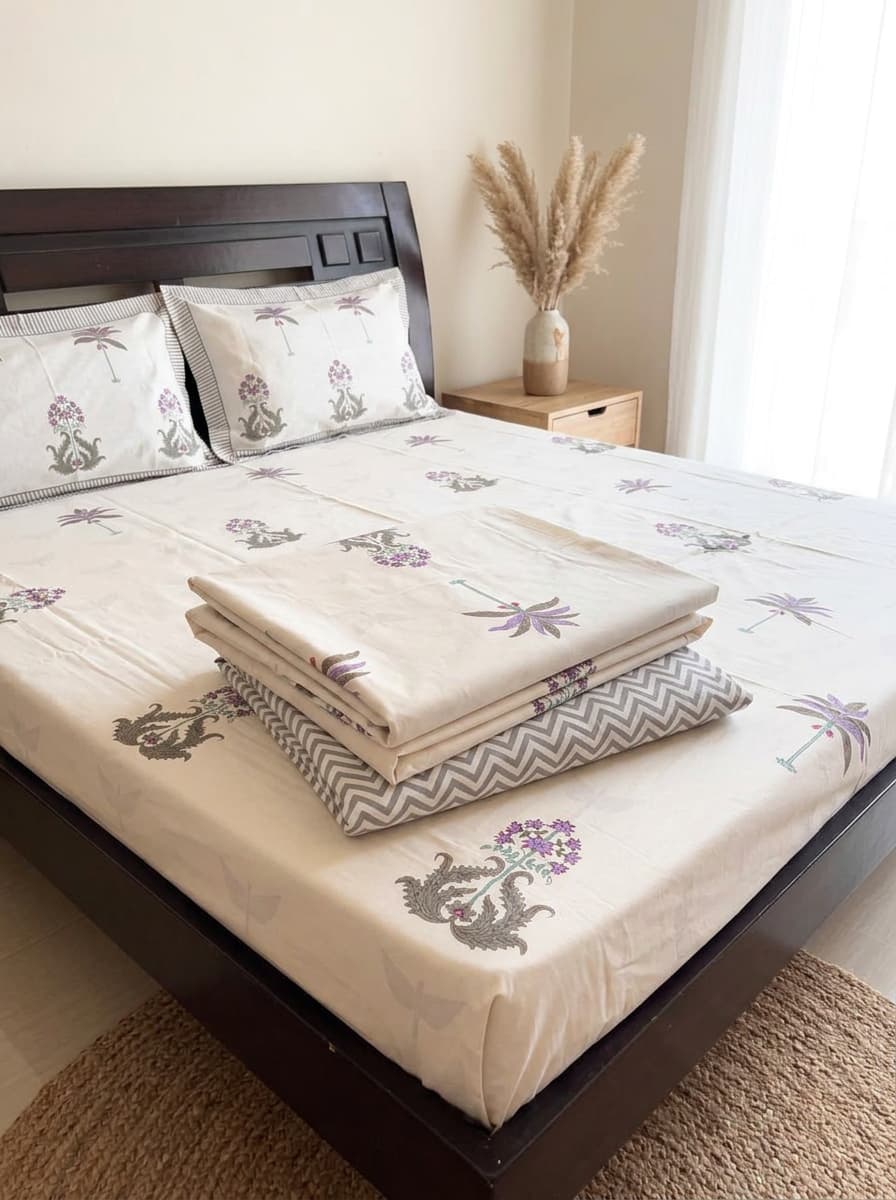 White Floral & Botanical Printed Percale Cotton Bedsheet