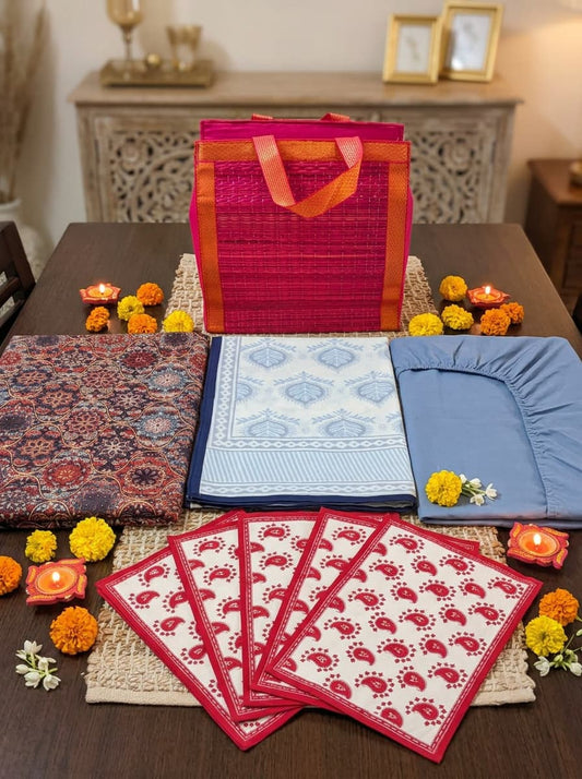 Emenaura — The Golden Edit (One Sateen Bedsheet Set + One Suvin Cotton Fitted Bedsheet + One Mulmul Dohar + Cotton Placemats + A Cute Gift)