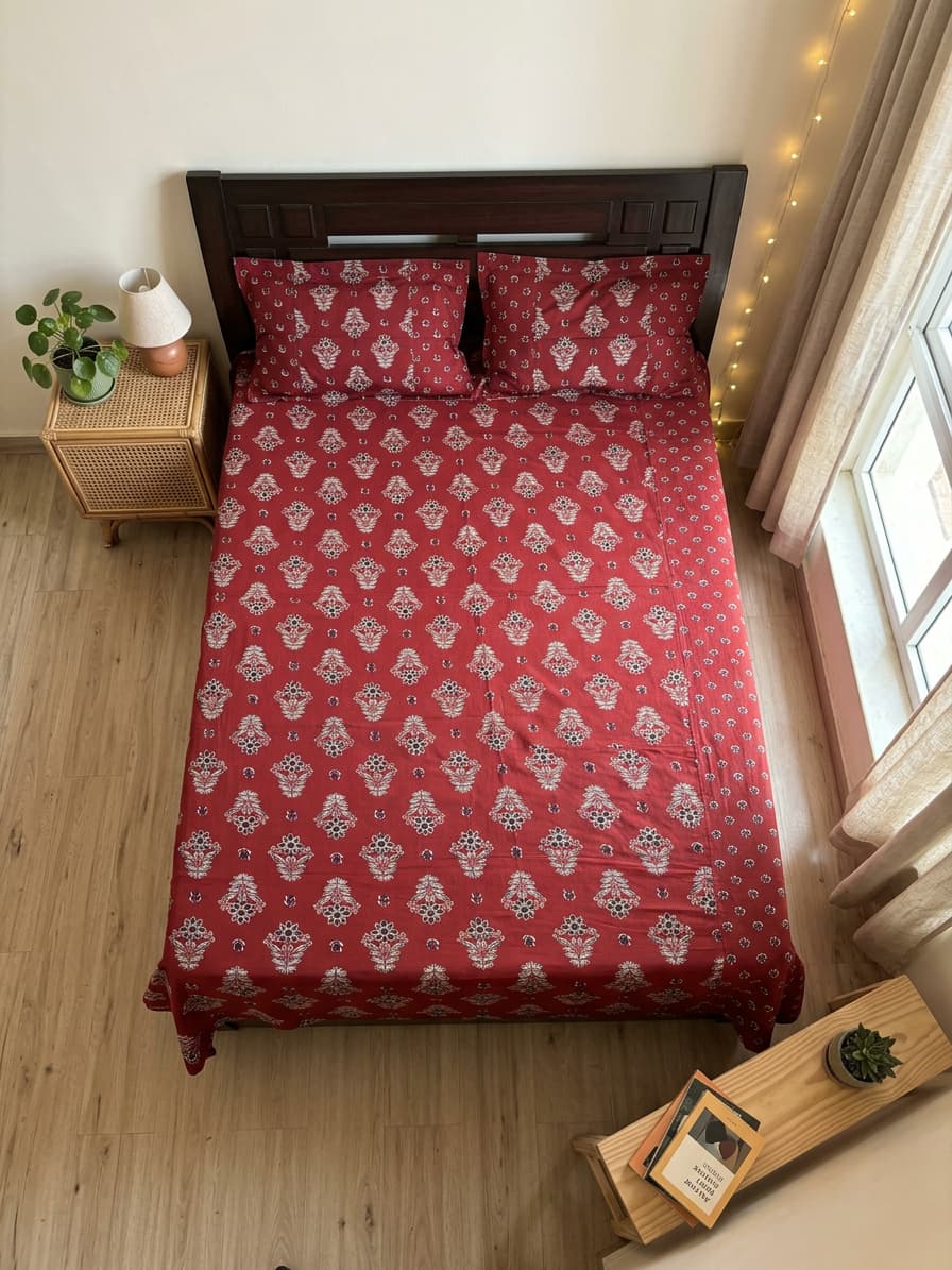 Ajrakh Print Pure Cotton Bedsheet – Rust Red