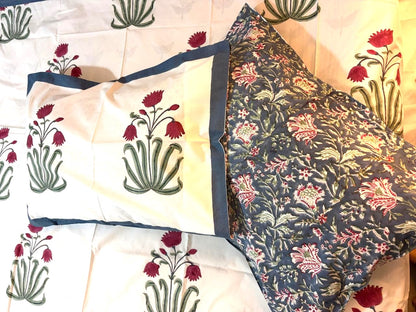 White Floral Printed Percale Cotton Bedsheet – Red & Green