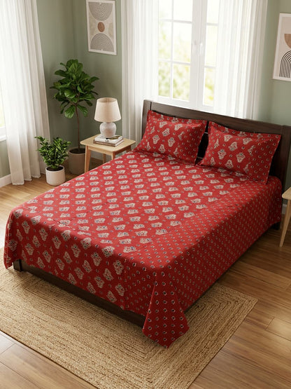Ajrakh Print Pure Cotton Bedsheet – Rust Red