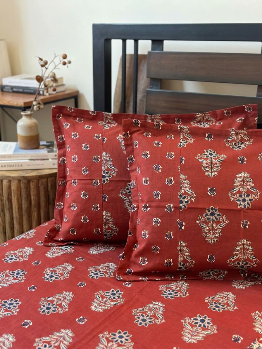 Ajrakh Print Pure Cotton Bedsheet – Rust Red